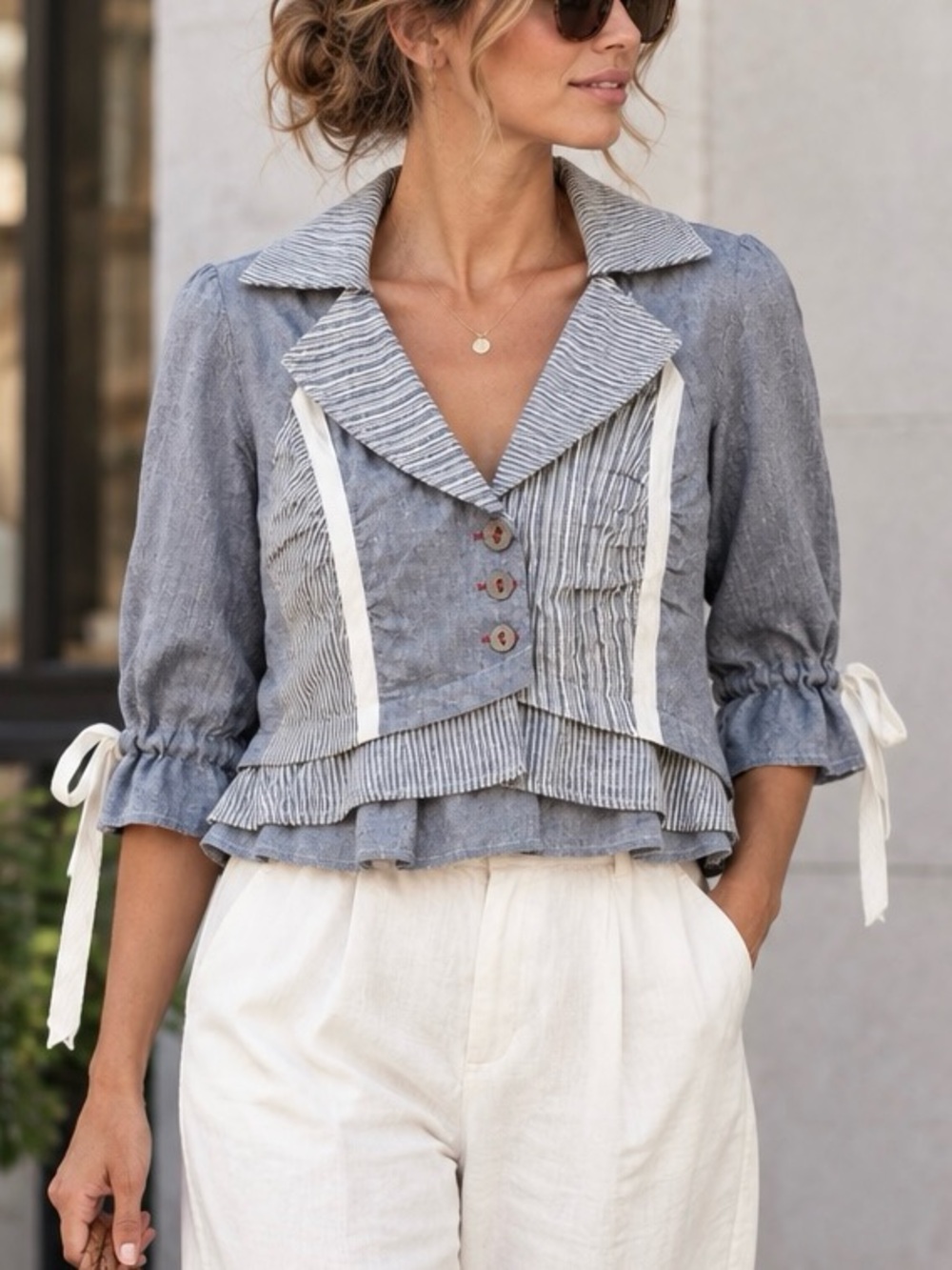Bali Linen Blend Cropped Blouse Blue Grey Stripe Ruffle Hem Size 8